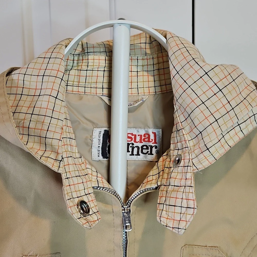 Vintage Casual Corner Tan Utility Jacket with Plaid Hood Kids 11/12 80s